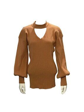 Brown Balloon Sleeve Extra Large Keyhole Knit Sweater Ribbed Cuffs Trendy Fit